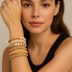 Elegant Gold and Cream Beaded Bracelet Set